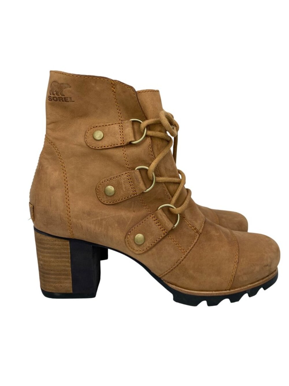 Sorel Addington Tan Suede Leather 3" Heel Lace-Up Ankle Boots Women's 9.5